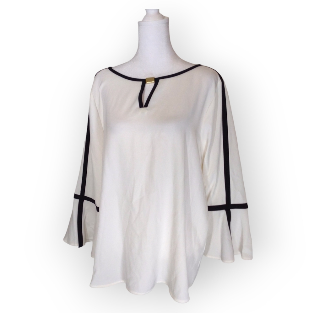 CALVIN KLEIN WHITE BLOUSE & BLACK TRIM 3/4 BELL SLEEVE ROUND NECK Size Large